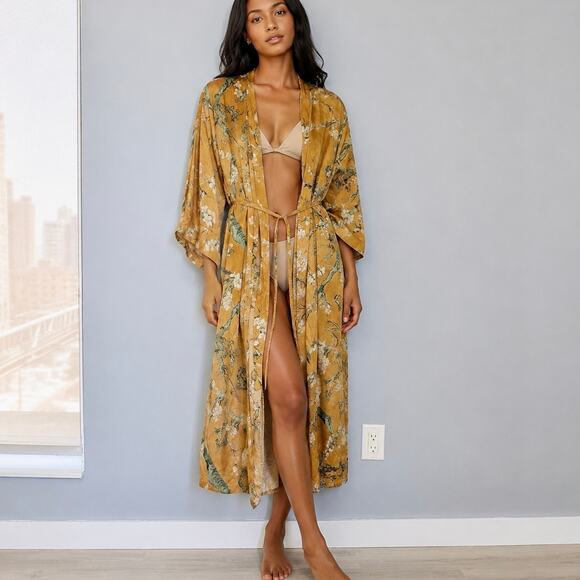 Nomad Dresses & Skirts - Nomads Silk Floral Duster Robe / Maxi Cover-Up – Mustard Gold – One Size